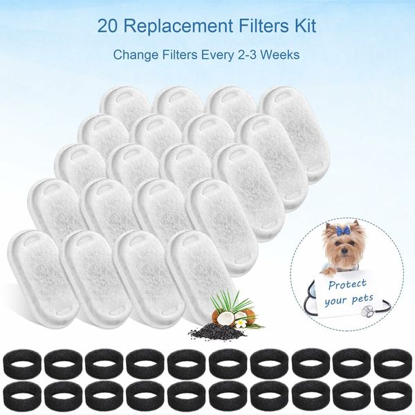Pet Water Fountain Replacement Filters for 67oz/2L and 108/3.2L Stainless Steel Fountain,20 Water Bowl Dispenser Filter Replacement with 20 Sponges