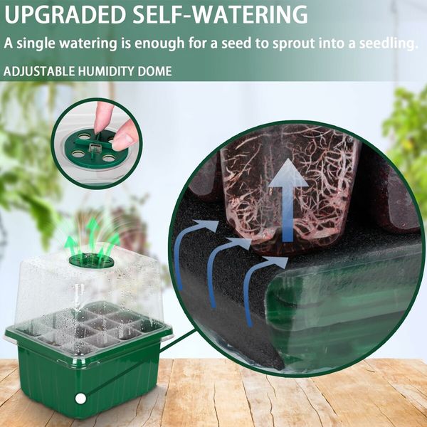 Self-Watering Seed Starter Tray - Kit with Grow Light and Humidity Dome,6-Pack 72-Cell Plant Seedling Tray,Reusable Plastic Germination Trays