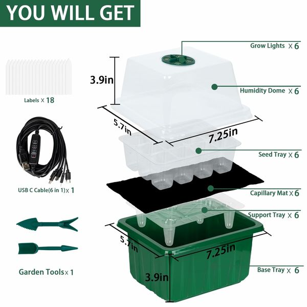 Self-Watering Seed Starter Tray - Kit with Grow Light and Humidity Dome,6-Pack 72-Cell Plant Seedling Tray,Reusable Plastic Germination Trays