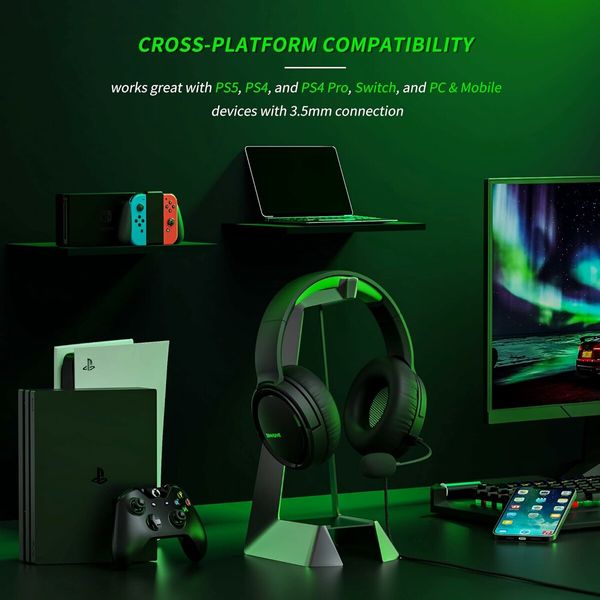 Gaming Headset with Mic for PS4 PS5 Series X|S One PC NS, Wired Gaming Headphones with Microphone for PS 4|5, Green