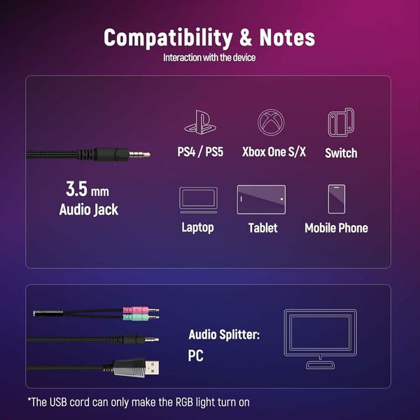 Gaming Headset for PC, Ps4, Ps5, Headset with 7.1 Surround Sound, Gaming Headphones with Noise Cancelling Mic RGB Light