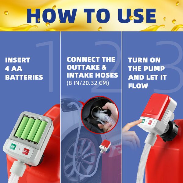 Oil Fuel Transfer Pump 3.2GPM Battery Powered Extractor for Car Gas Diesel Kerosene Petrol Water Liquid with 3 Gas Can Adapters Hose Auto Stop Sensor