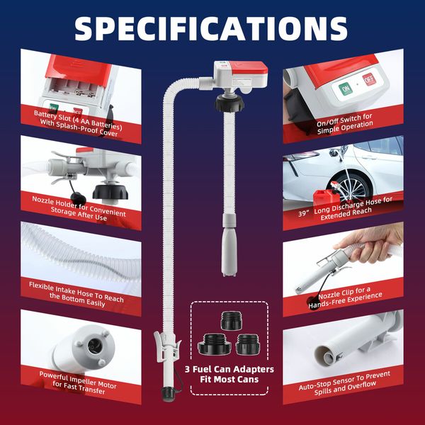 Oil Fuel Transfer Pump 3.2GPM Battery Powered Extractor for Car Gas Diesel Kerosene Petrol Water Liquid with 3 Gas Can Adapters Hose Auto Stop Sensor