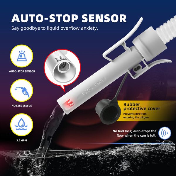 Oil Fuel Transfer Pump 3.2GPM Battery Powered Extractor for Car Gas Diesel Kerosene Petrol Water Liquid with 3 Gas Can Adapters Hose Auto Stop Sensor
