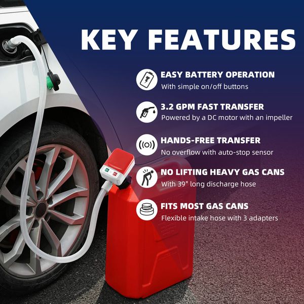 Oil Fuel Transfer Pump 3.2GPM Battery Powered Extractor for Car Gas Diesel Kerosene Petrol Water Liquid with 3 Gas Can Adapters Hose Auto Stop Sensor
