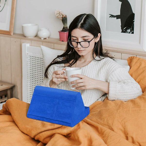 Tablet Stand Pillow with Pocket, Lazy Holder Stand for Bed Sofa,Compatible with iPads Tablets Smartphones Books Magazines (Blue)