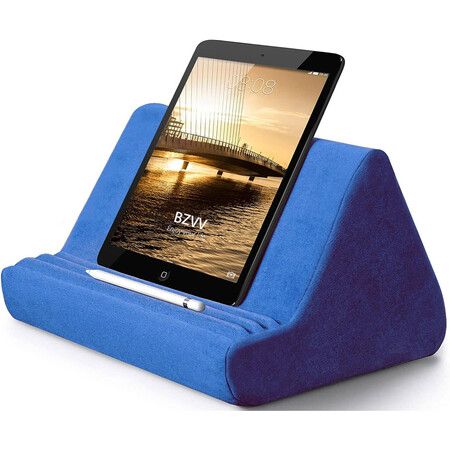 Tablet Stand Pillow with Pocket, Lazy Holder Stand for Bed Sofa,Compatible with iPads Tablets Smartphones Books Magazines (Blue)