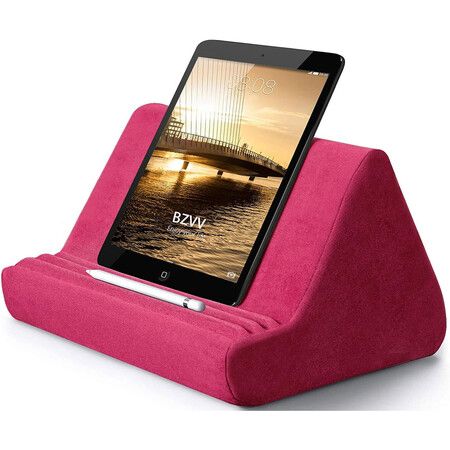 Tablet Stand Pillow with Pocket, Lazy Holder Stand for Bed Sofa,Compatible with iPads Tablets Smartphones Books Magazines (Rose Red)
