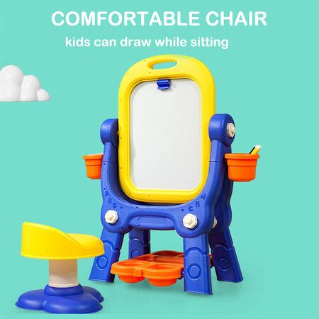 Art Easel for Kids, Building Blocks, Drawing Board with Painting Accessories Blue and Yellow