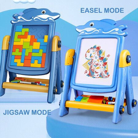 2 in 1 Art Easel for Kids, Building Blocks, Drawing Board with Painting Accessories Blue
