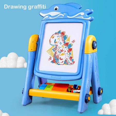 2 in 1 Art Easel for Kids, Building Blocks, Drawing Board with Painting Accessories Blue