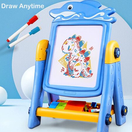 2 in 1 Art Easel for Kids, Building Blocks, Drawing Board with Painting Accessories Blue