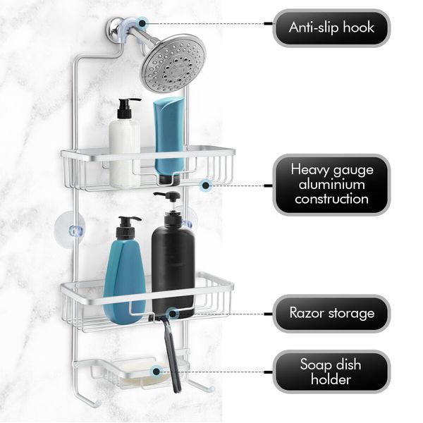 Aluminum Hanging Shower Caddy 3-Shelf Bathroom Organiser Storage Shelves Silver