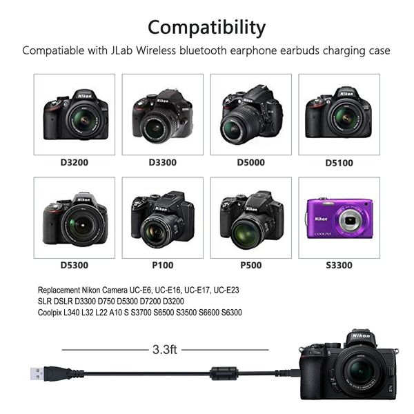 Replacement Nikon Camera UC-E6,UC-E16,UC-E17,UC-E23 USB Cable Transfer Charging Cable Cord for Nikon SLR DSLR D Series & Coolpix L340 L32 L22 A10 S Series