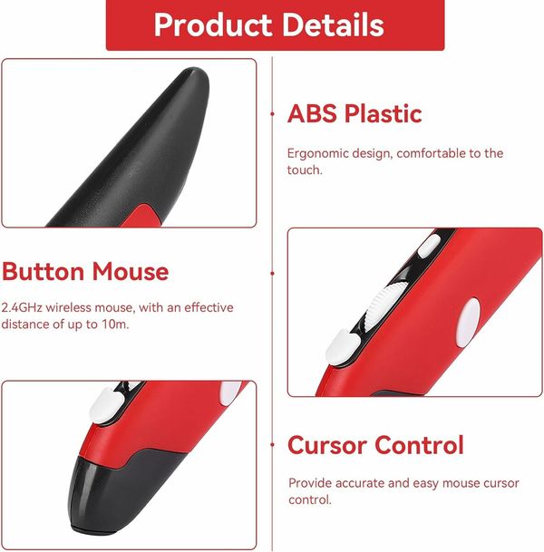2.4GHz USB Wireless Optical Stylus for Computer Parts for PC Wireless Mouse 2.4G Type of Customised Innovative Vertical Stylus (Red)