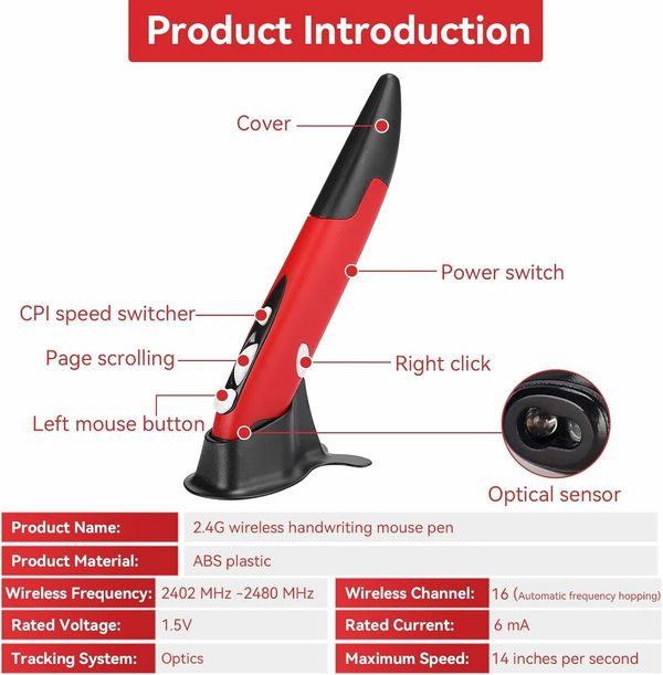 2.4GHz USB Wireless Optical Stylus for Computer Parts for PC Wireless Mouse 2.4G Type of Customised Innovative Vertical Stylus (Red)