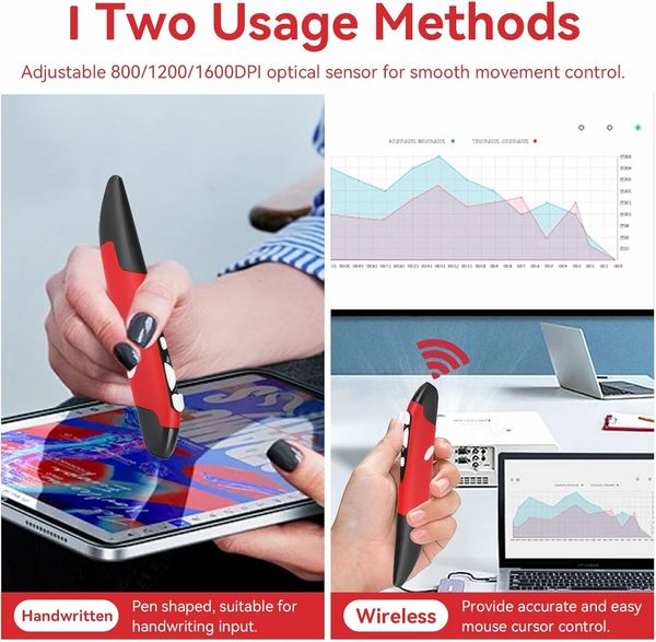 2.4GHz USB Wireless Optical Stylus for Computer Parts for PC Wireless Mouse 2.4G Type of Customised Innovative Vertical Stylus (Red)