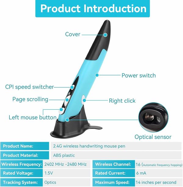 2.4GHz USB Wireless Optical Stylus for Computer Parts for PC Wireless Mouse 2.4G Type of Customised Innovative Vertical Stylus (Blue)