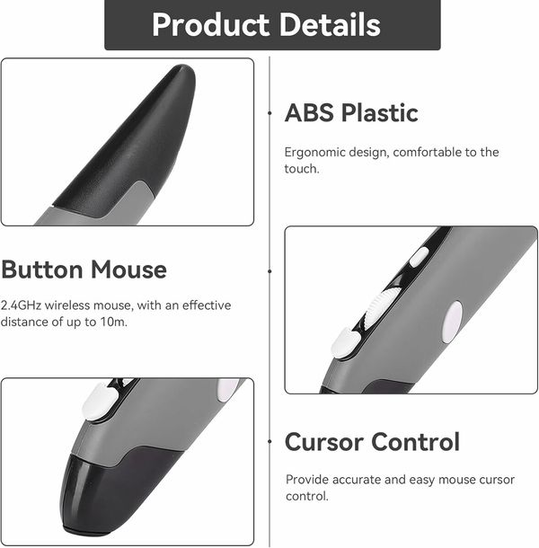 2.4GHz USB Wireless Optical Stylus for Computer Parts for PC Wireless Mouse 2.4G Type of Customised Innovative Vertical Stylus (Grey)