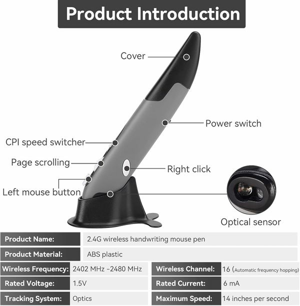 2.4GHz USB Wireless Optical Stylus for Computer Parts for PC Wireless Mouse 2.4G Type of Customised Innovative Vertical Stylus (Grey)