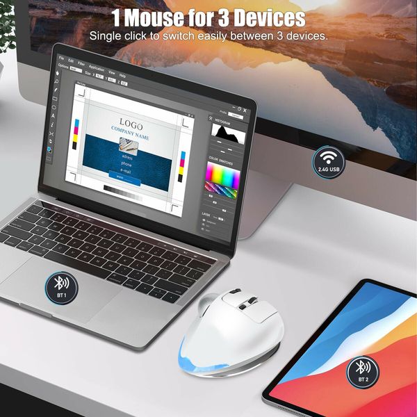Rechargeable USB Bluetooth Wireless Mouse for Laptop PC, Mac,Programmable Buttons,Easy Thumb Control,Adjustable Angle & Connect RGB Light(White)