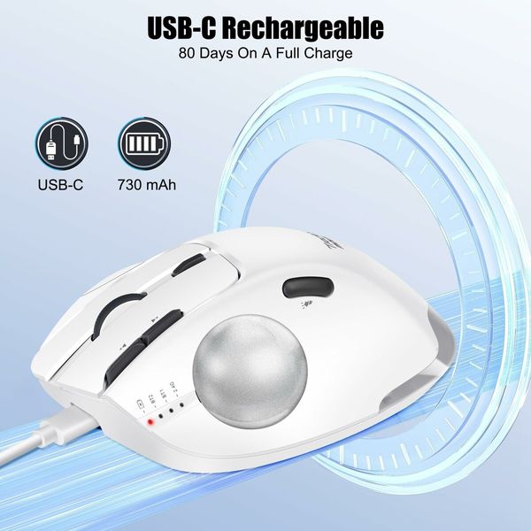 Rechargeable USB Bluetooth Wireless Mouse for Laptop PC, Mac,Programmable Buttons,Easy Thumb Control,Adjustable Angle & Connect RGB Light(White)