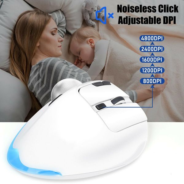 Rechargeable USB Bluetooth Wireless Mouse for Laptop PC, Mac,Programmable Buttons,Easy Thumb Control,Adjustable Angle & Connect RGB Light(White)