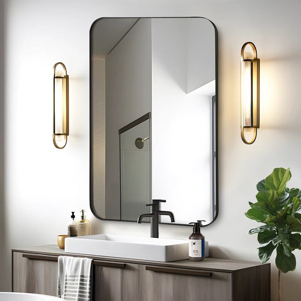 Black Wall Mirror Bathroom Vanity Rectangle Large Framed Standing Makeup Shower Shaving Decorative Mount Bedroom Hallway 90x60cm