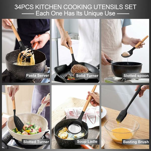 Silicone Cooking Utensils Set, 43Pcs Non-Stick Heat Resistant Kitchen Utensils Spatula Set with Wooden Handle for Baking, Cooking (Black)