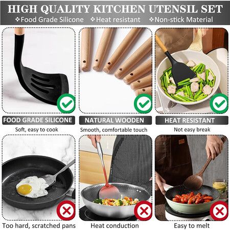 Silicone Cooking Utensils Set, 43Pcs Non-Stick Heat Resistant Kitchen Utensils Spatula Set with Wooden Handle for Baking, Cooking (Black)