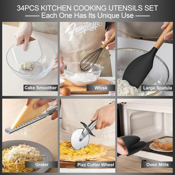 Silicone Cooking Utensils Set, 43Pcs Non-Stick Heat Resistant Kitchen Utensils Spatula Set with Wooden Handle for Baking, Cooking (Black)