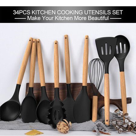 Silicone Cooking Utensils Set, 43Pcs Non-Stick Heat Resistant Kitchen Utensils Spatula Set with Wooden Handle for Baking, Cooking (Black)