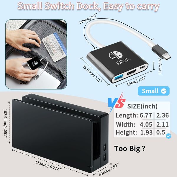 Switch Dock for Switch & OLED,Portable TV Dock with 4K HDMI, USB 3.0 Port and USB C PD Travel Docking Station for Switch(Black)