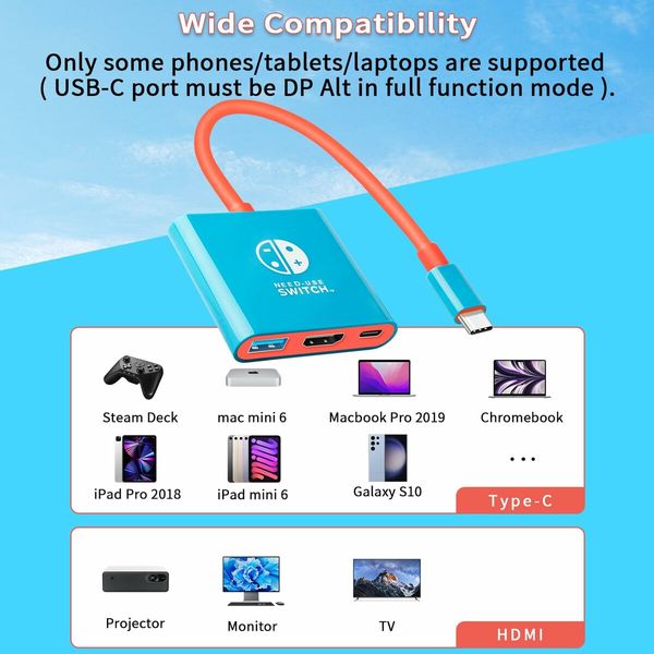 Portable  Switch TV Adapter Support 4K/60HZ  TV Dock Mode Compatible Steam Deck Switch OLED with HDMI2.0 USB3.0 Port USB C-Blue