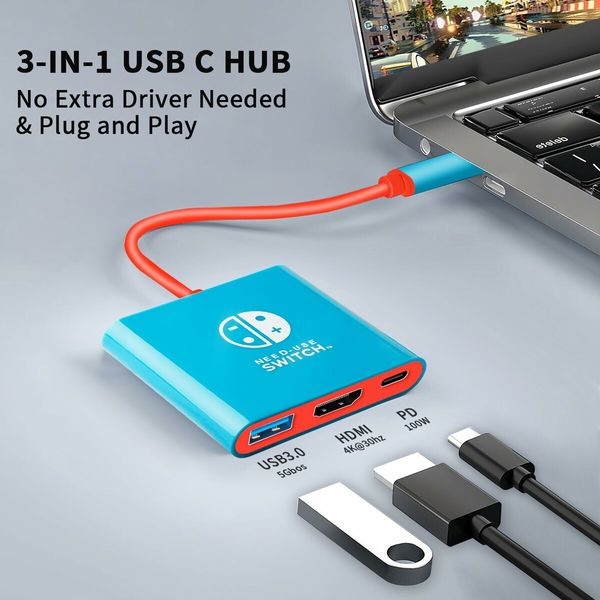 Portable  Switch TV Adapter Support 4K/60HZ  TV Dock Mode Compatible Steam Deck Switch OLED with HDMI2.0 USB3.0 Port USB C-Blue