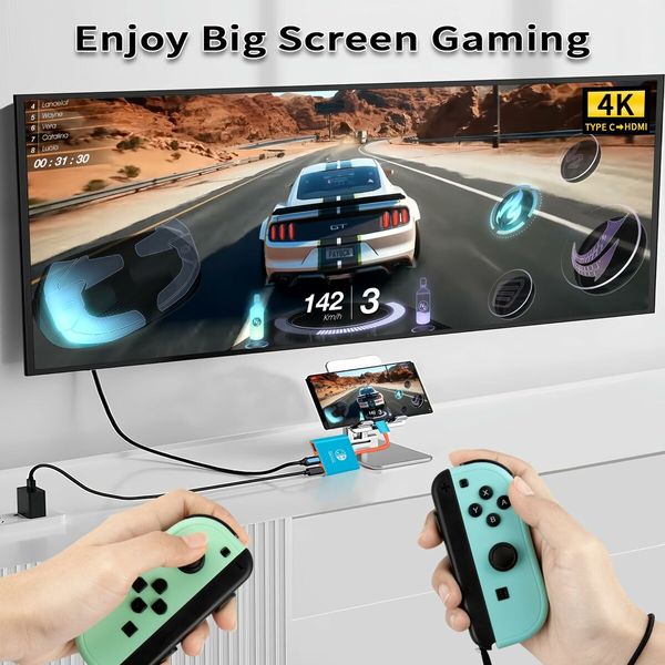 Portable  Switch TV Adapter Support 4K/60HZ  TV Dock Mode Compatible Steam Deck Switch OLED with HDMI2.0 USB3.0 Port USB C-Blue
