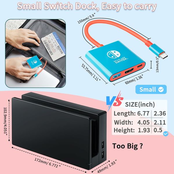 Portable  Switch TV Adapter Support 4K/60HZ  TV Dock Mode Compatible Steam Deck Switch OLED with HDMI2.0 USB3.0 Port USB C-Blue