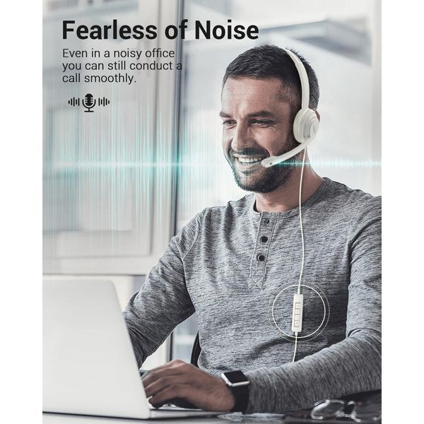 USB Computer Headset with Clear Chat Microphone,Lightweight On-Ear Wired Headset for MS Teams,Skype,Webinars,Call Center and More (White)
