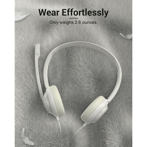 USB Computer Headset with Clear Chat Microphone,Lightweight On-Ear Wired Headset for MS Teams,Skype,Webinars,Call Center and More (White)
