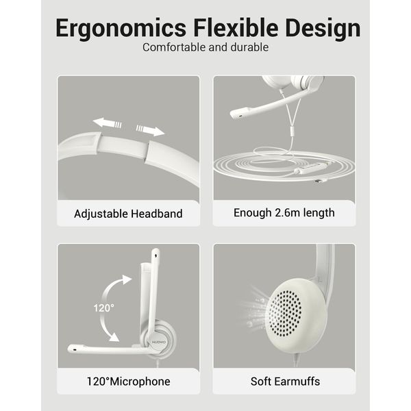 USB Computer Headset with Clear Chat Microphone,Lightweight On-Ear Wired Headset for MS Teams,Skype,Webinars,Call Center and More (White)