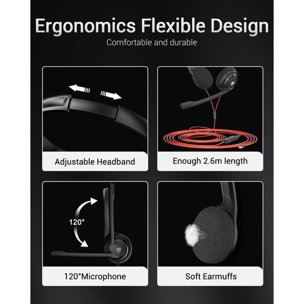 USB Computer Headset with Clear Chat Microphone,Lightweight On-Ear Wired Headset for MS Teams,Skype,Webinars,Call Center and More (Black)