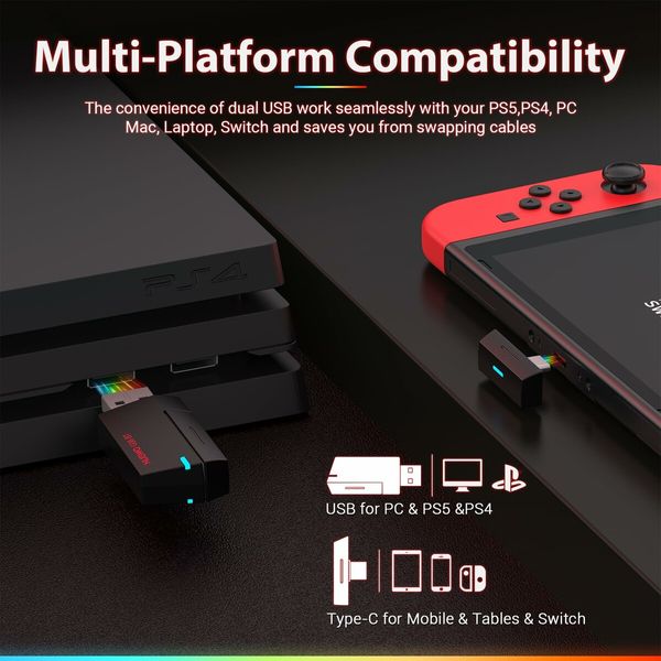 Dual Wireless Gaming Headset with Mic for PS5,PS4,PC,2.4GHz Wireless & Bluetooth 5.3,100 Hr Battery,50mm Drivers,Lightweight & RGB Lighting - DarkRed