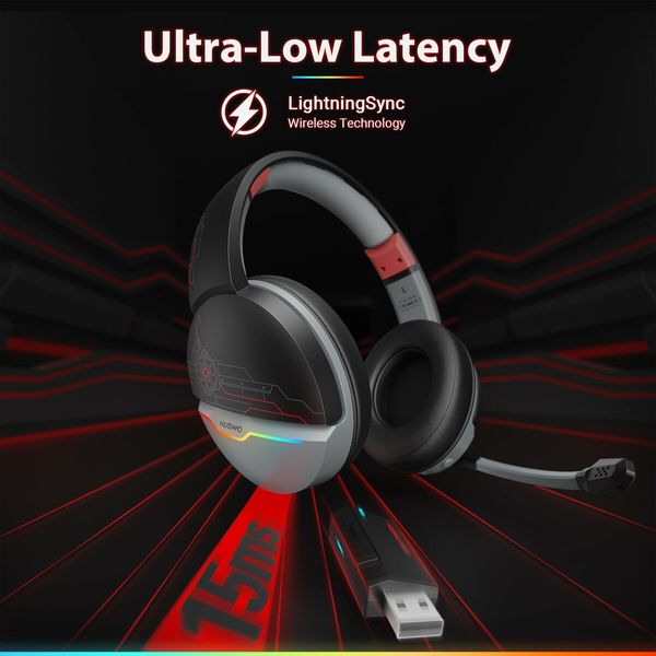 Dual Wireless Gaming Headset with Mic for PS5,PS4,PC,2.4GHz Wireless & Bluetooth 5.3,100 Hr Battery,50mm Drivers,Lightweight & RGB Lighting - DarkRed
