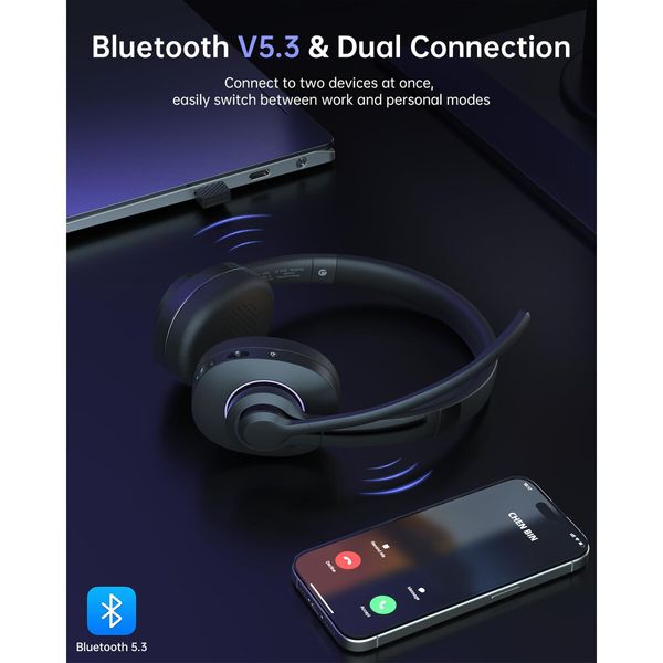 Wireless Headset with Mic,Headset Wireless Bluetooth V5.3 with AI Noise Cancelling Microphone with USB Dongle & Mic Mute