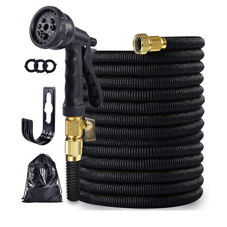 50ft Expandable Garden Hose with Multi-Function Nozzle, Leak-Proof Nano Rubber Latex Construction, and Durable Brass Connectors