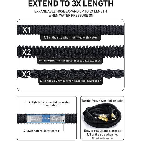 50ft Expandable Garden Hose with Multi-Function Nozzle, Leak-Proof Nano Rubber Latex Construction, and Durable Brass Connectors