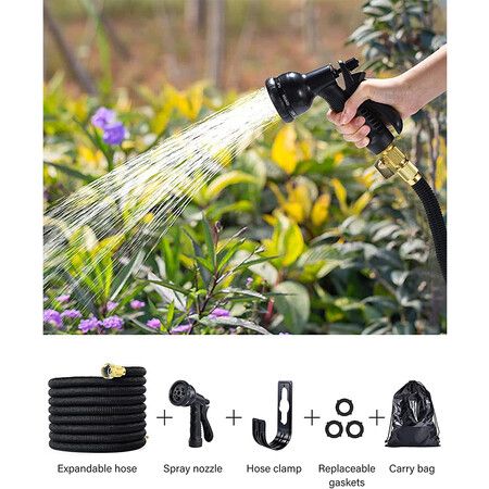 50ft Expandable Garden Hose with Multi-Function Nozzle, Leak-Proof Nano Rubber Latex Construction, and Durable Brass Connectors
