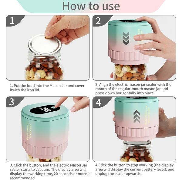 Electric Mason Jar Vacuum Sealing Kit, 2 in 1Fully Automatic Suction Stop Food Storage Vacuum Sealer for Wide Mouth and Regular Mouth Mason Jars