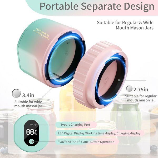 Electric Mason Jar Vacuum Sealing Kit, 2 in 1Fully Automatic Suction Stop Food Storage Vacuum Sealer for Wide Mouth and Regular Mouth Mason Jars