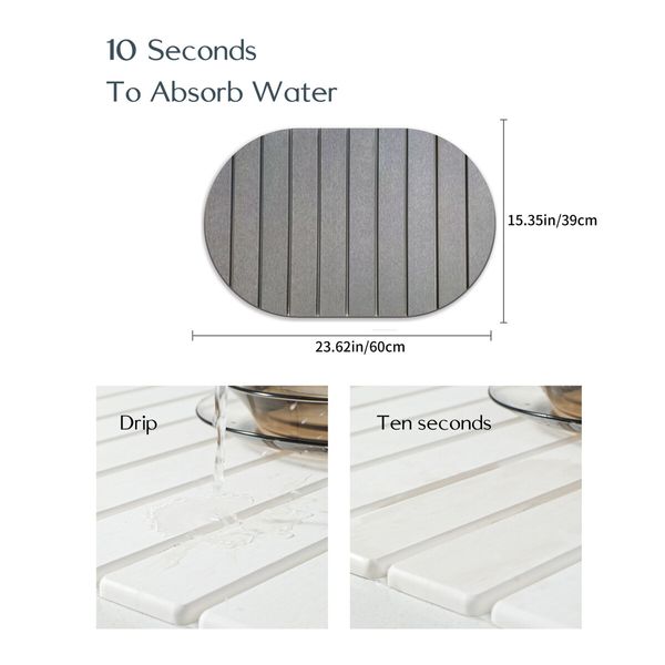 Light Gray 60*39cm Oval Diatomaceous Earth Drying Mat Foldable, Multifunctional Water Absorbent for Kitchen Countertops